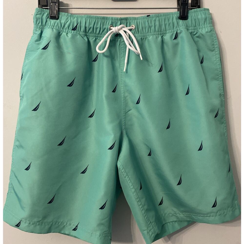 Men’s Nautica Swim Shorts Trunks With Mesh Lining Sailboats Draw String M Teal